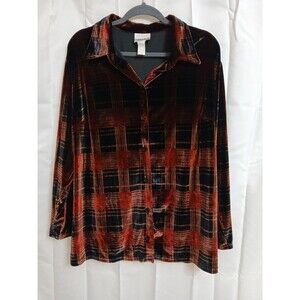 Fashion Bug Vintage Velour Shirt Blouse Holiday Red Black Plaid  Light Weight